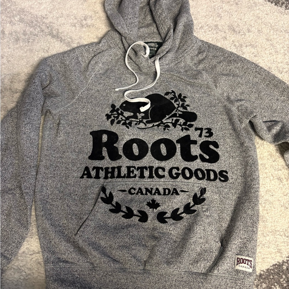 Roots Heather Gray Hoodie with Black Logo
